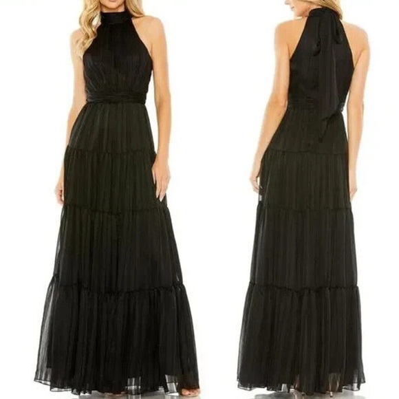 MAC DUGGAL Black With Silver Tie Neck Tiered Halter Maxi Gown - Reemoly